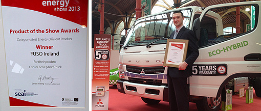 Pictured receiving the award Mr. Tim Cronin, FUSO Area Sales Representative in Ireland, together with the world’s most fuel-efficient Canter Eco Hybrid light-duty truck