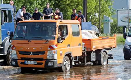 The FUSO Canter 7-seater crewcab is frequently used by works depots to get a work team to where it's needed – as currently in many areas in Europe have experienced flooding.