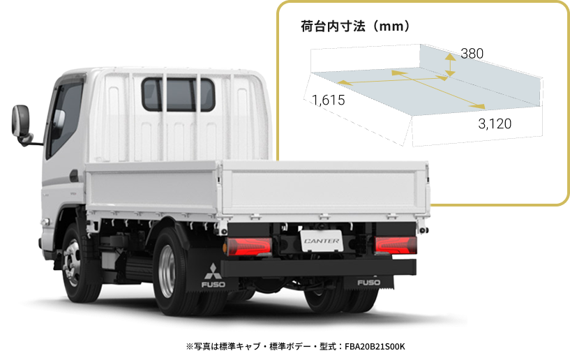 幅：1,615 mm　長：3,120 mm　高：380 mm　カーゴの荷台内寸法 型式：FBA20B21S00K