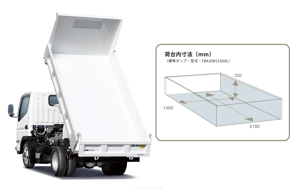 幅：1600 mm　長：3100 mm　高：320mm　ダンプの荷台内寸法 型式：FBA30B21S00L