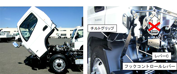 左：小型トラックのキャブチルトアップ写真　右：小型トラックコントロールレバー拡大写真